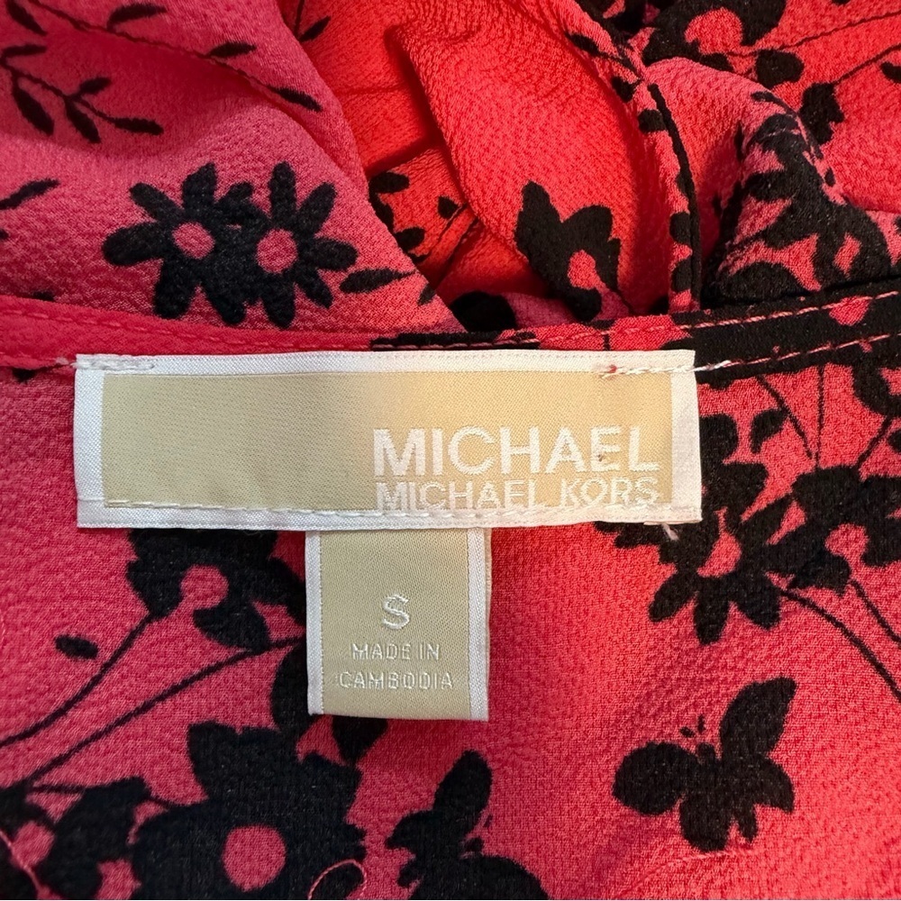 Michael Kors Red Floral Smocked Waist Ruffle Hem Dress Size S - Picture 5 of 5